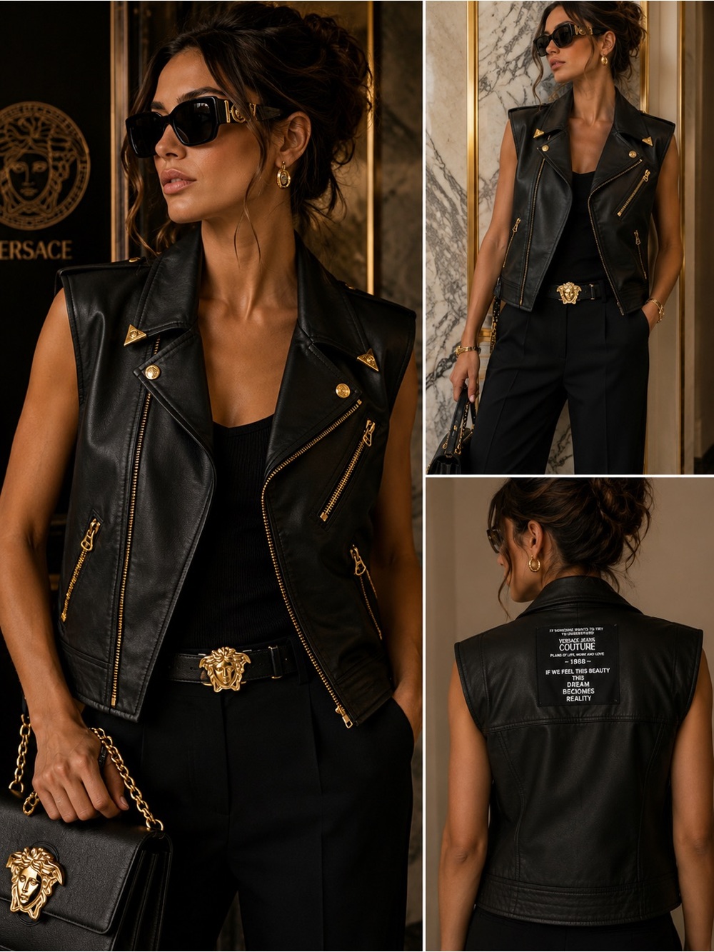 Versace Jeans Couture Black Leather Vest with Gold Hardware